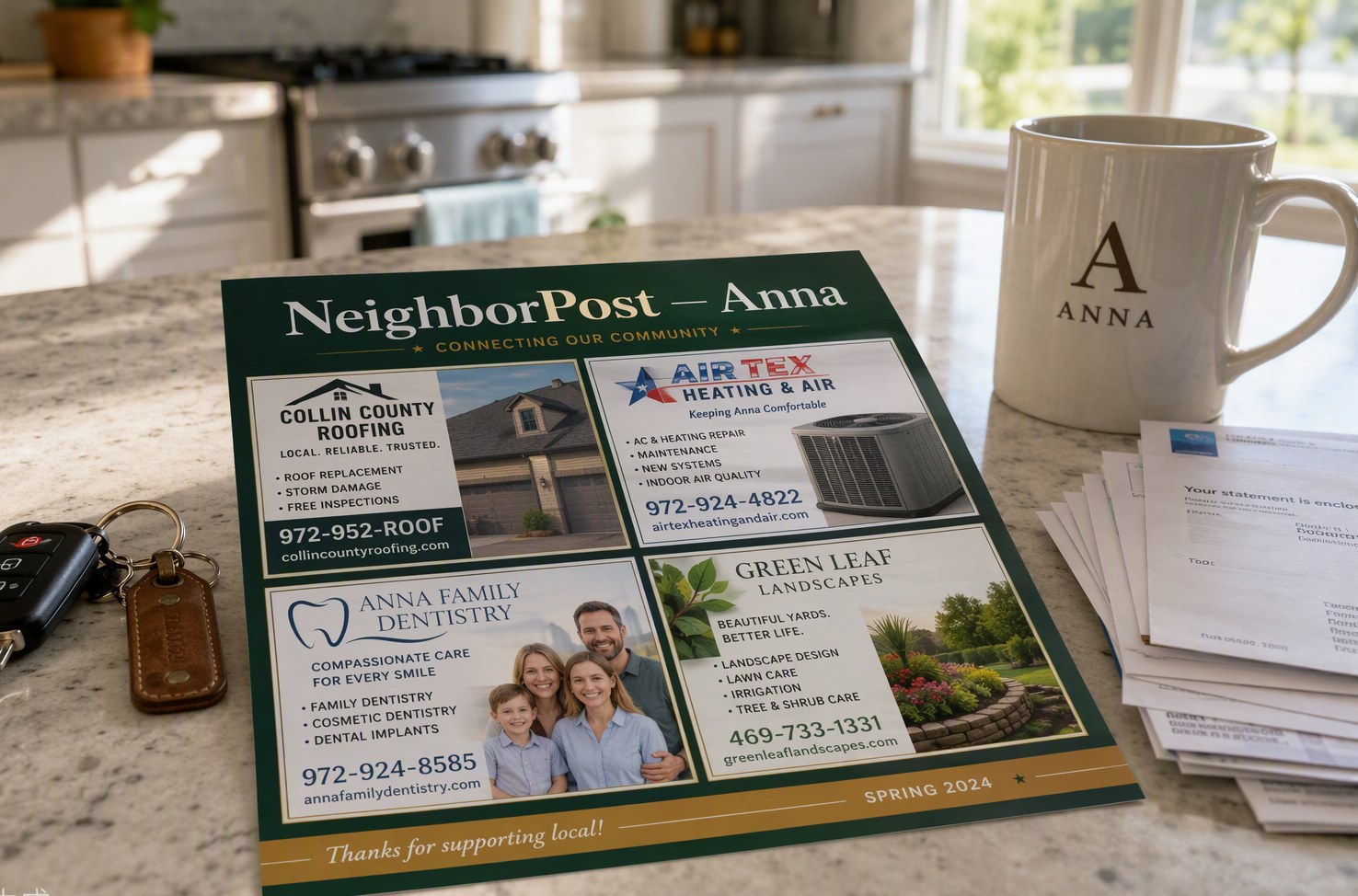 NeighborPost community card on a kitchen counter next to keys and mail